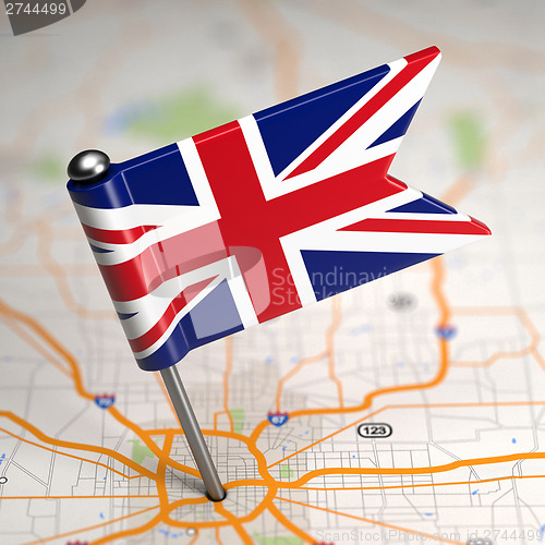 Image of Great Britain Small Flag on a Map Background.