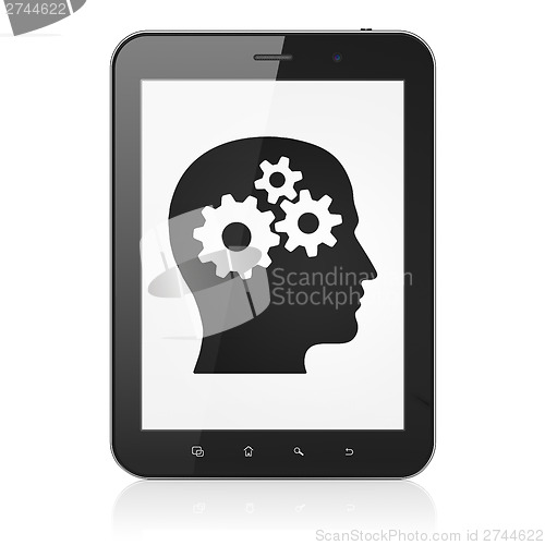 Image of Advertising concept: Head With Gears on tablet pc computer