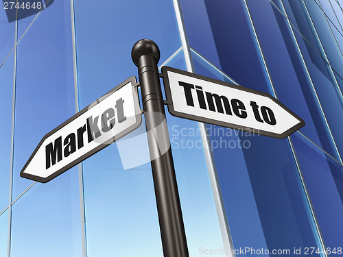 Image of Timeline concept: Time to Market on Building background