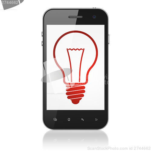 Image of Finance concept: Light Bulb on smartphone