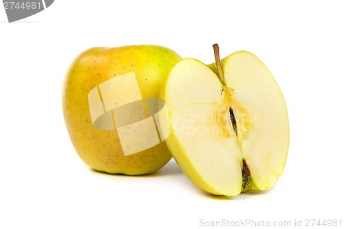 Image of Cross section of green apple, showing pips, and core