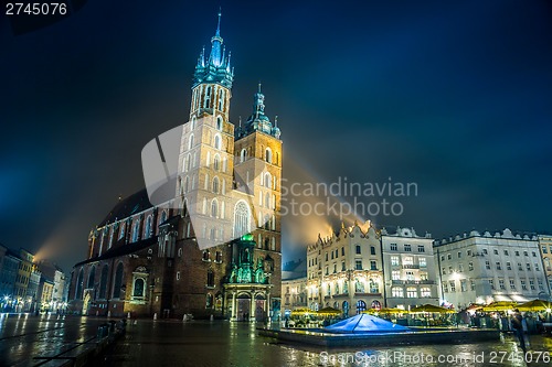 Image of Poland, Krakow. Market Square at night.