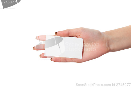 Image of Businesswoman's hand holding blank business card