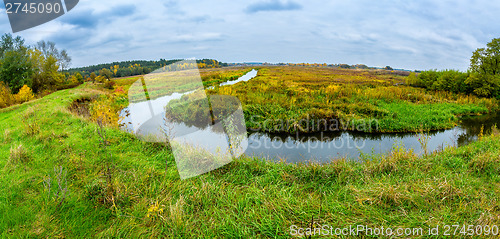 Image of Landscape with forest lake in autumn. Panorama