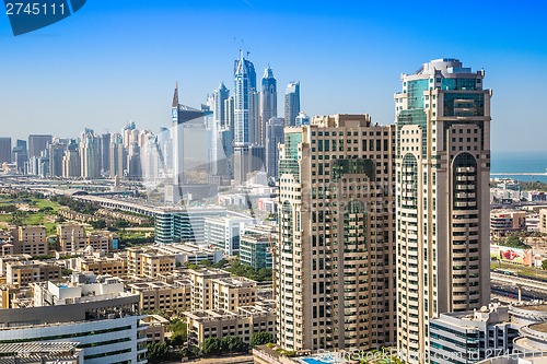 Image of Dubai downtown. East, United Arab Emirates architecture