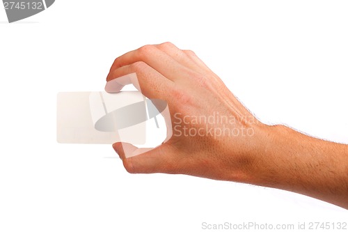 Image of Businessman's hand holding blank business card