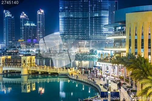 Image of View on Burj Khalifa and Dubai Mall, Dubai, UAE, at night