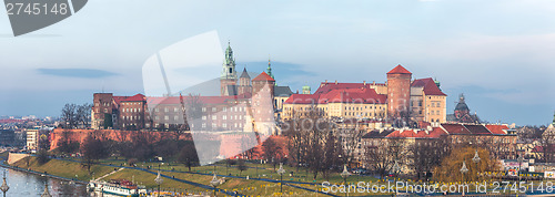 Image of Cracow skyline with aerial view of historic royal Wawel Castle a
