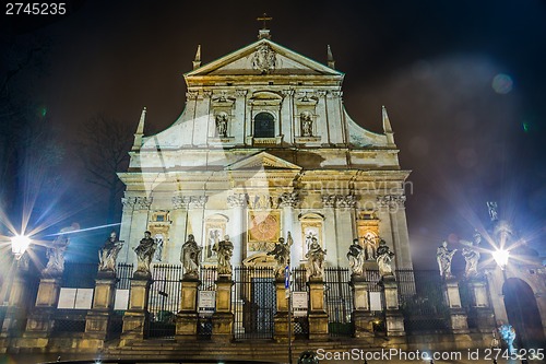 Image of Poland, Krakow. Market Square at night.