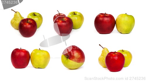 Image of set of pears and red apples and  green apples isolated on white