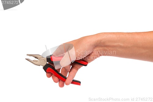 Image of Male hand hold a black and red pliers