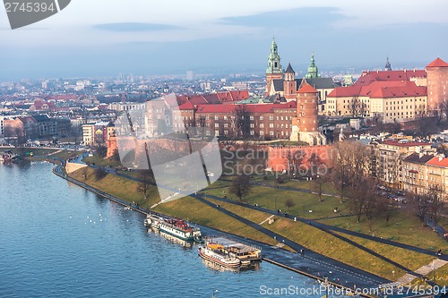 Image of Cracow skyline with aerial view of historic royal Wawel Castle a