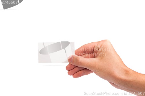 Image of Businessman's hand holding blank business card