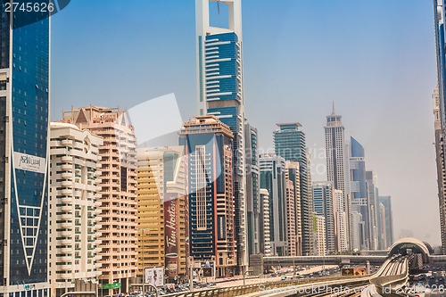 Image of Dubai downtown. East, United Arab Emirates architecture