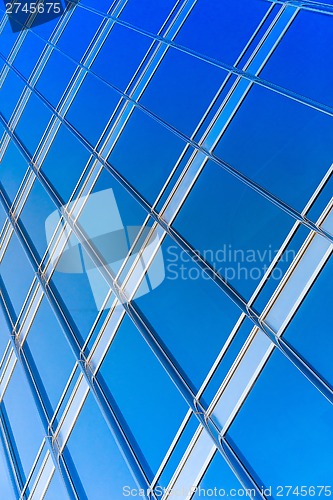 Image of modern blue glass wall of skyscraper