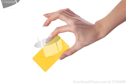 Image of Businesswoman's hand holding blank business card