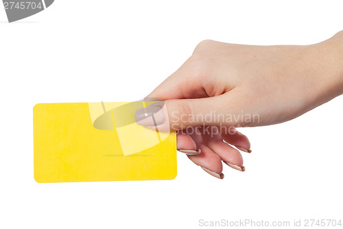 Image of Businesswoman's hand holding blank business card