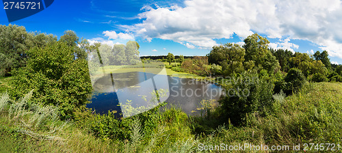 Image of Panorama of summer morning lake