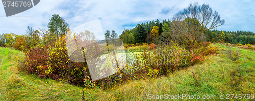 Image of Forest lake in fall. Panorama