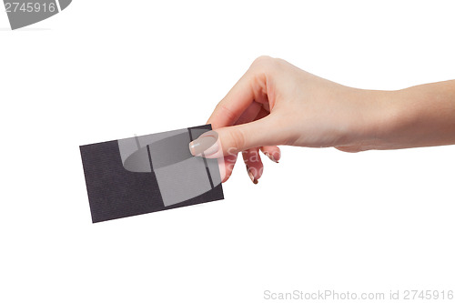 Image of Businesswoman's hand holding blank business card