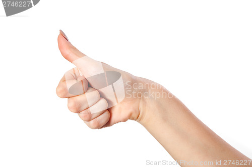 Image of Female hand showing thumbs up sign isolated on white