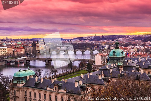 Image of Bridges in Prague over the river at sunset