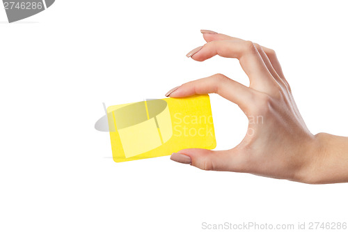 Image of Businesswoman's hand holding blank business card
