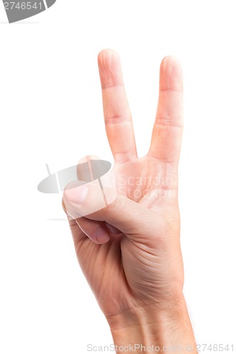 Image of Hand with two fingers up in the peace or victory symbol