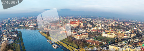 Image of Cracow skyline with aerial view of historic royal Wawel Castle a