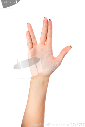 Image of Female palm hand vulcan gesture, isolated on white