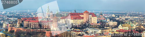 Image of Cracow skyline with aerial view of historic royal Wawel Castle a