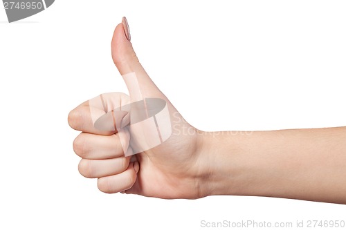 Image of Female hand showing thumbs up sign isolated on white