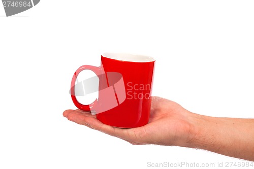 Image of Male hand is holding a red cup