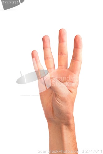 Image of Hand gesture number four closeup isolated on white