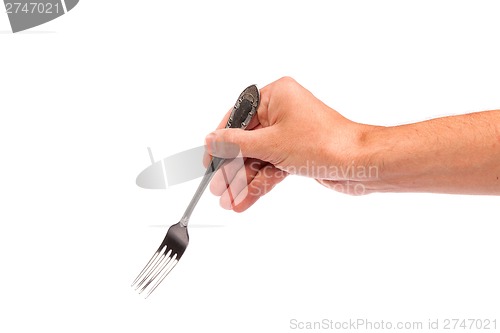 Image of Right mans hand with empty metallic fork