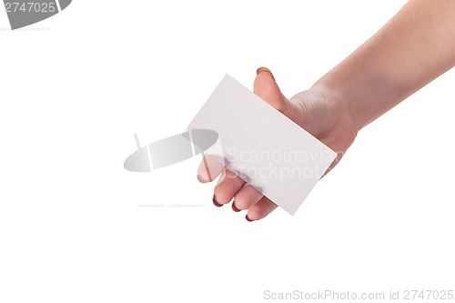 Image of Businesswoman's hand holding blank business card