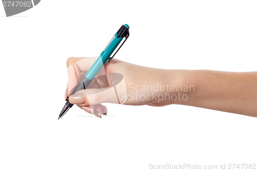 Image of Hand hold a pen writing on the white