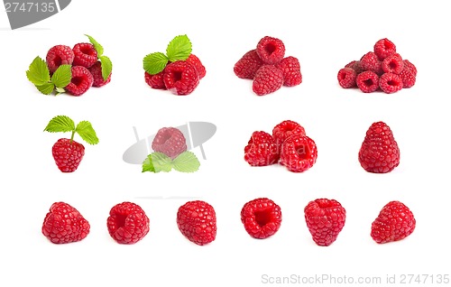 Image of Set of a bunch of a red raspberry on a white background. Close u