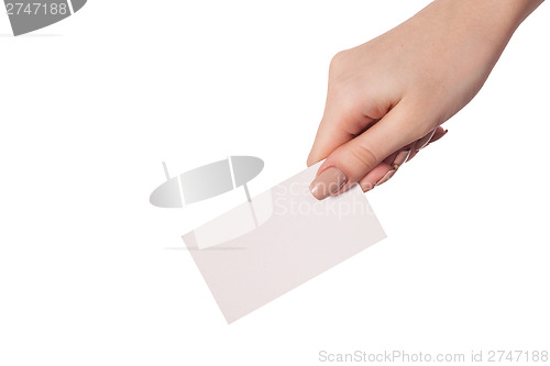 Image of Businesswoman's hand holding blank business card