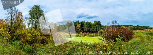 Image of Forest lake in fall. Panorama