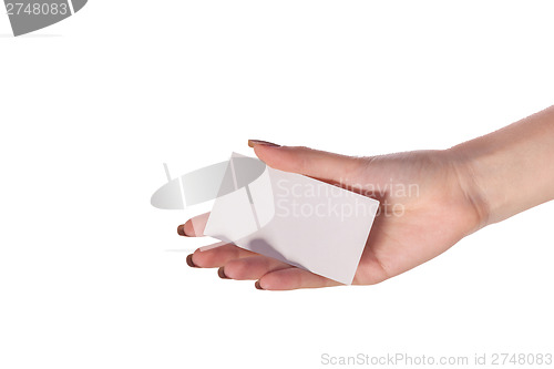 Image of Businesswoman's hand holding blank business card