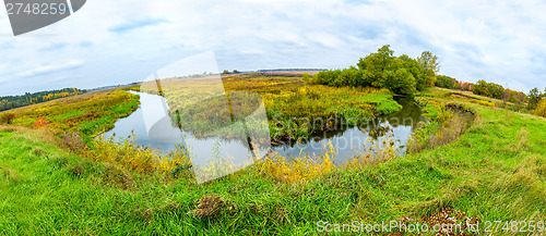 Image of Landscape with forest lake in autumn. Panorama
