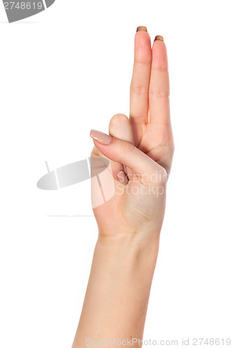 Image of Hand gesture number four closeup isolated on white