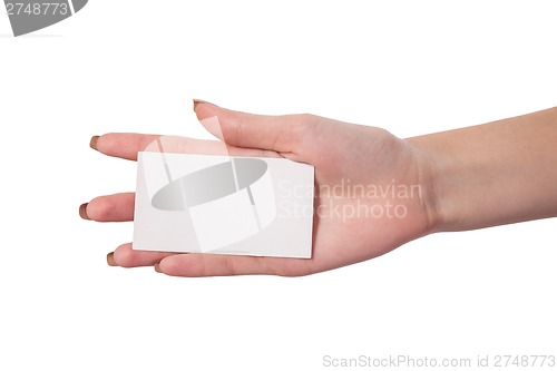 Image of Businesswoman's hand holding blank business card