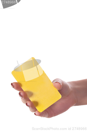 Image of Businesswoman's hand holding blank business card