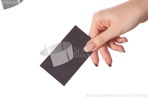 Image of Businesswoman's hand holding blank business card
