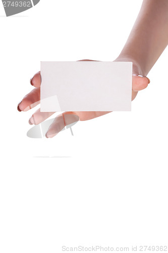 Image of Businesswoman's hand holding blank business card