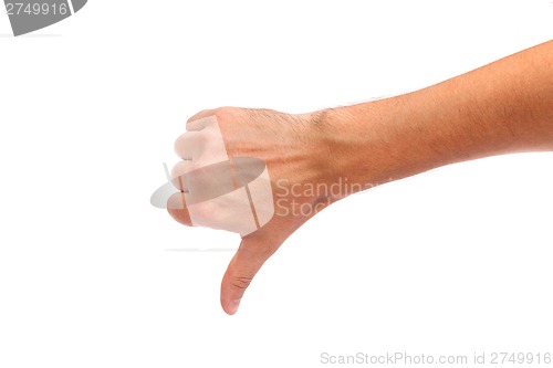 Image of Thumb down male hand sign isolated on white