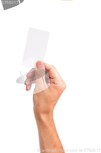 Image of Businessman's hand holding blank business card