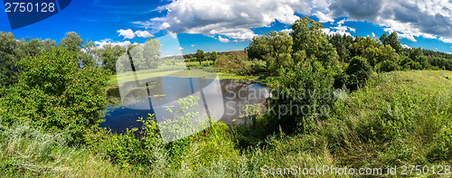 Image of Panorama of summer morning lake